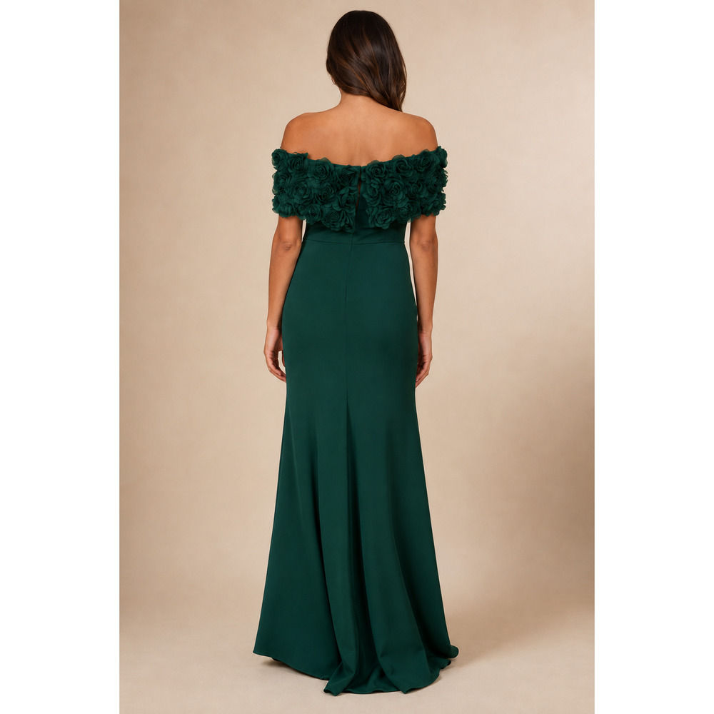 NEW ELIZA J Formal Gown 12 Green Ruched Waist Rosette Off Shoulder Evening Dress - Picture 2 of 12